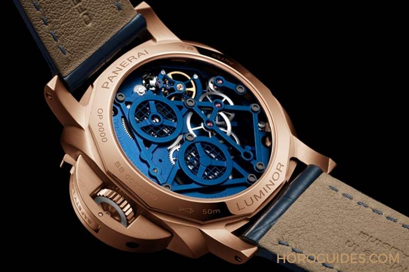 華麗撞色！紅金殼配鍍藍面｜Panerai Luminor陀飛輪兩地時間紅金腕表-PAM01060-復刻表