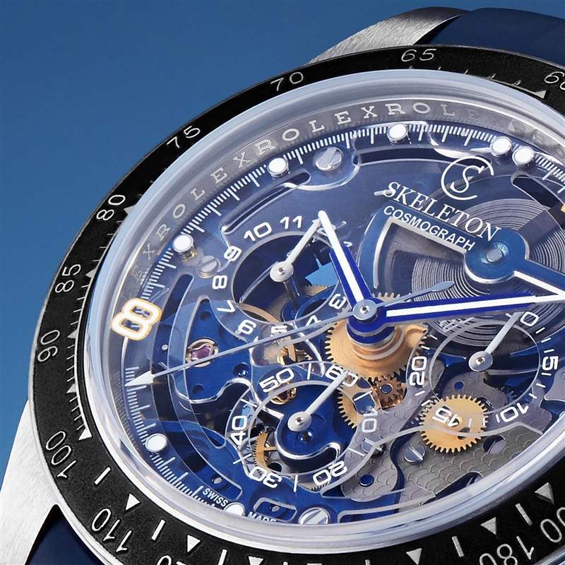 改裝錶品牌透過藍(lán)寶石水晶強(qiáng)化面盤層次感。(Source:SKELETON CONCEPT) 勞力士Daytona 116520改裝手表藍(lán)寶石面盤加藍(lán)色機(jī)芯零件超獨(dú)特-復(fù)刻表