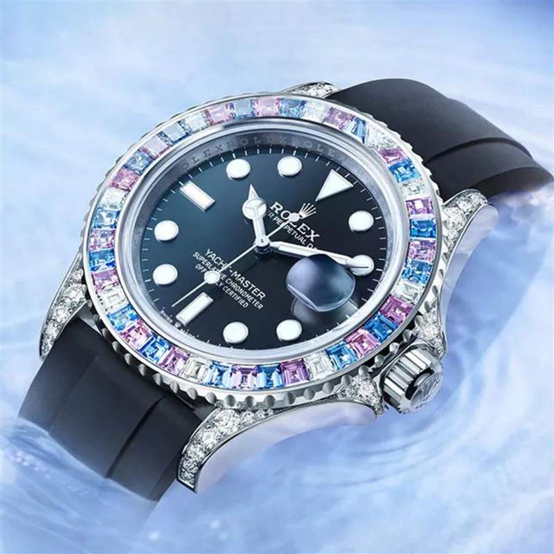 Rolex Yacht-Master彩虹圈手表表殼鑲上彩色寶石、鉆石低調奢華-復刻表