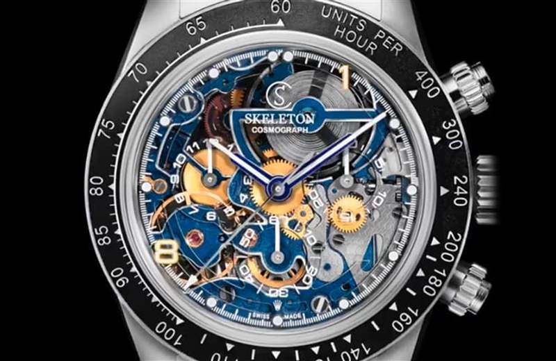 面盤可見改成雙色的機(jī)芯樣貌。(Source:SKELETON CONCEPT) 勞力士Daytona 116520改裝手表藍(lán)寶石面盤加藍(lán)色機(jī)芯零件超獨(dú)特-復(fù)刻表