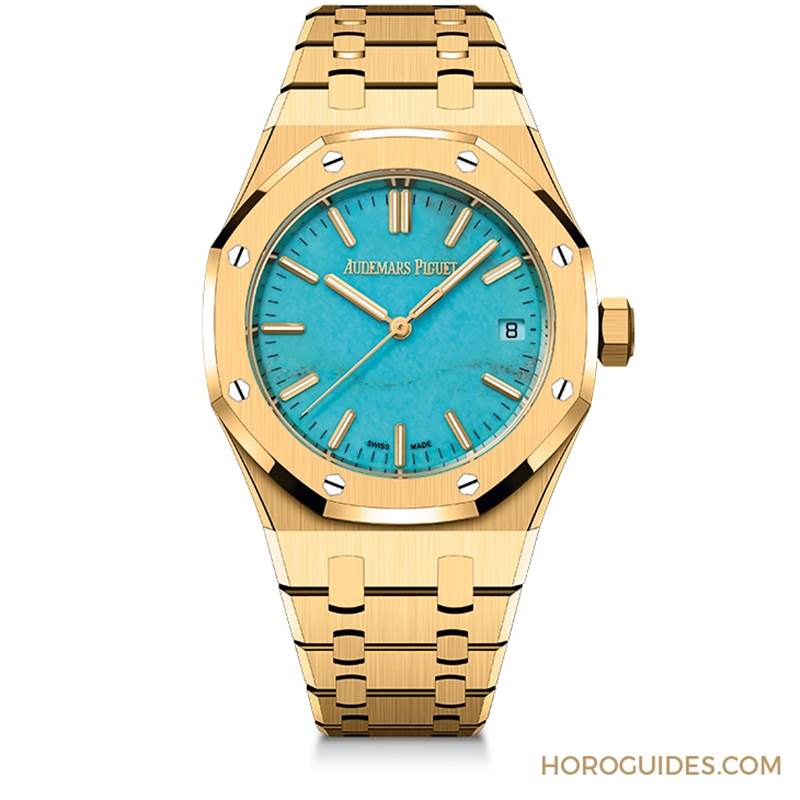 愛彼Royal Oak皇家橡樹自動上鏈腕表，黃金表殼搭配天然綠松石表面-復刻表